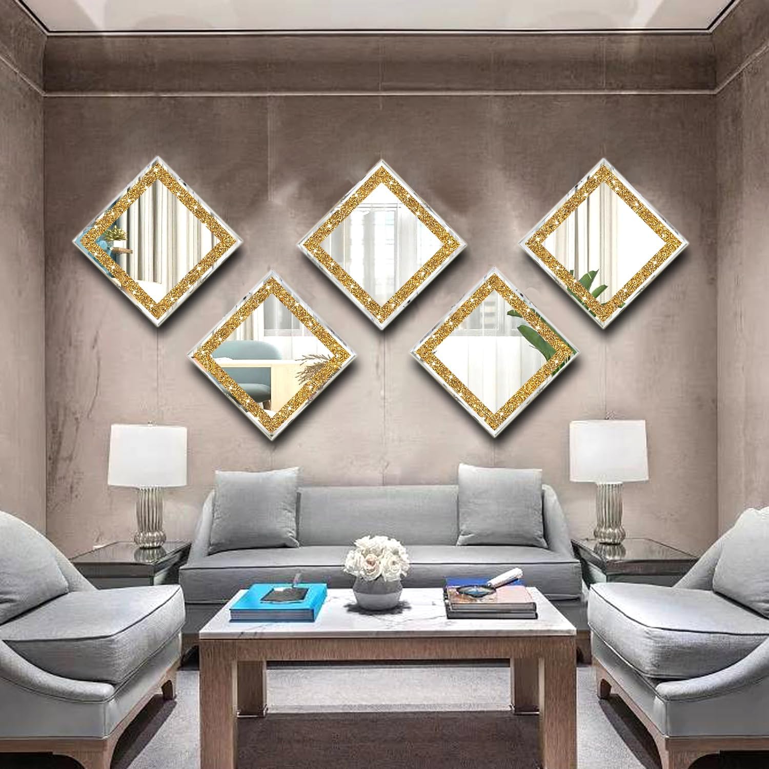 2 Piece Wall Mirrors, Gold Crush Diamond Wall Décor 12x12 inch