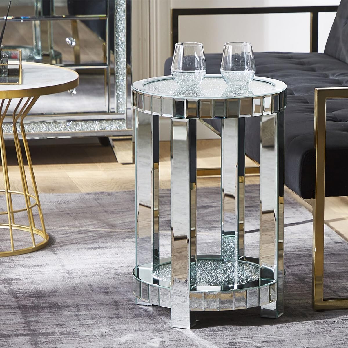 Mirrored End Table Round with Crystals Inlay, 2-Tier