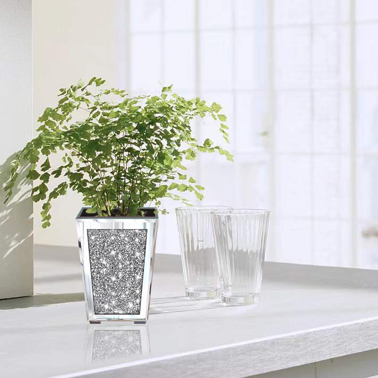 Flower Vase Crushed Diamond Mirrored Planter
