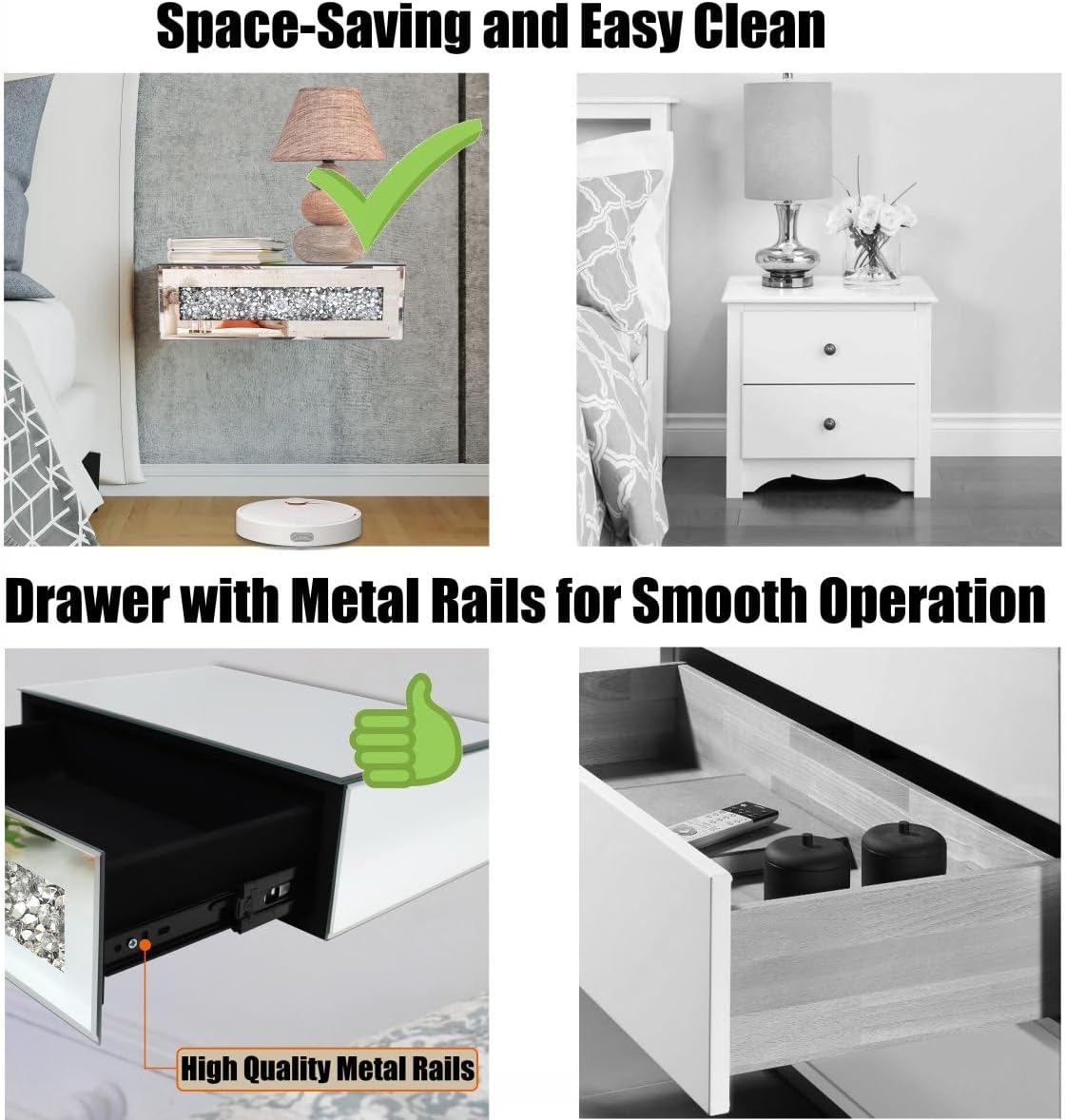 Mirrored Floating Bedside Nightstand with Drawer