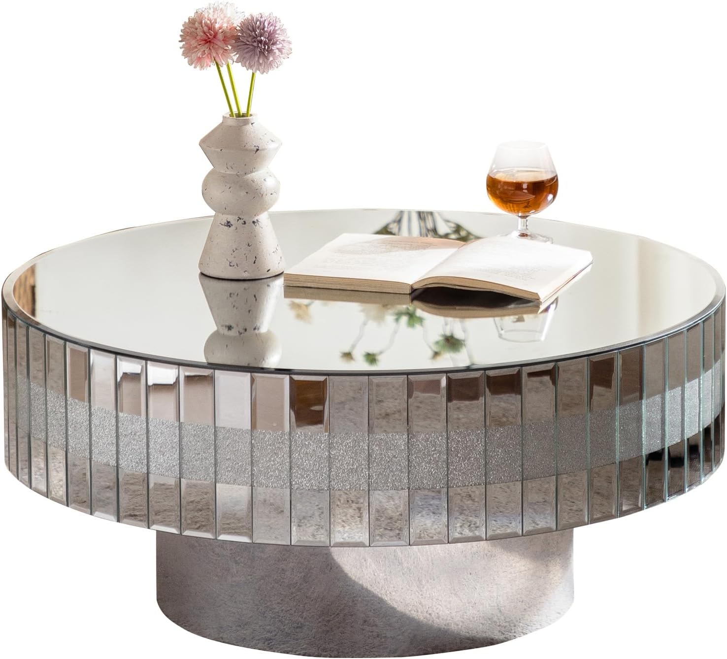 Silver Mirrored Coffee Table, 30.9" Round