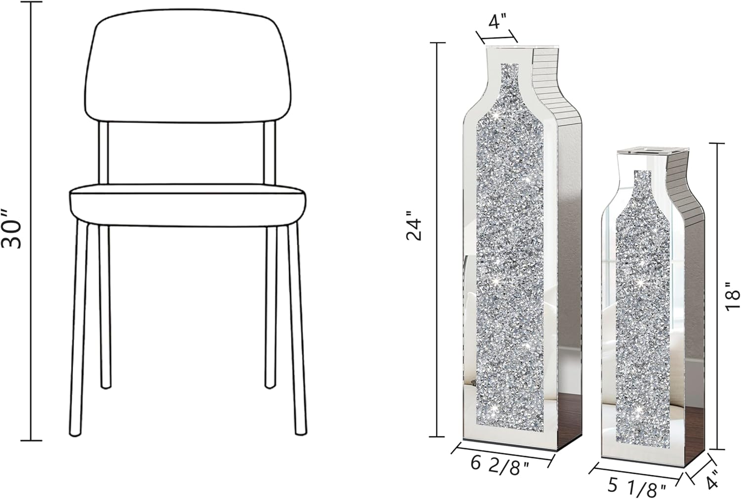 Flower Vase Crushed Diamond Mirrored For Table Planter Set of 2