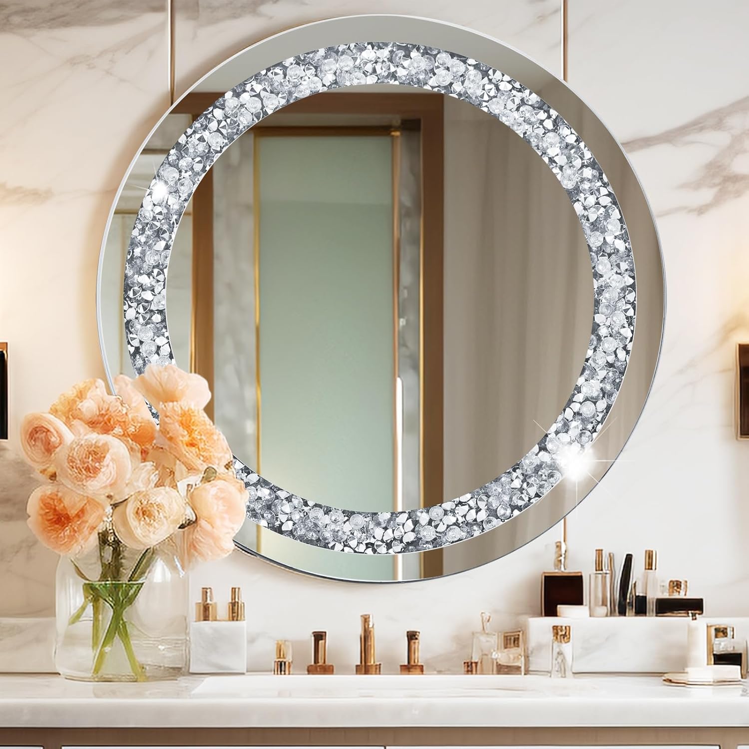 Diamond Crush Crystal Round Wall Mirror