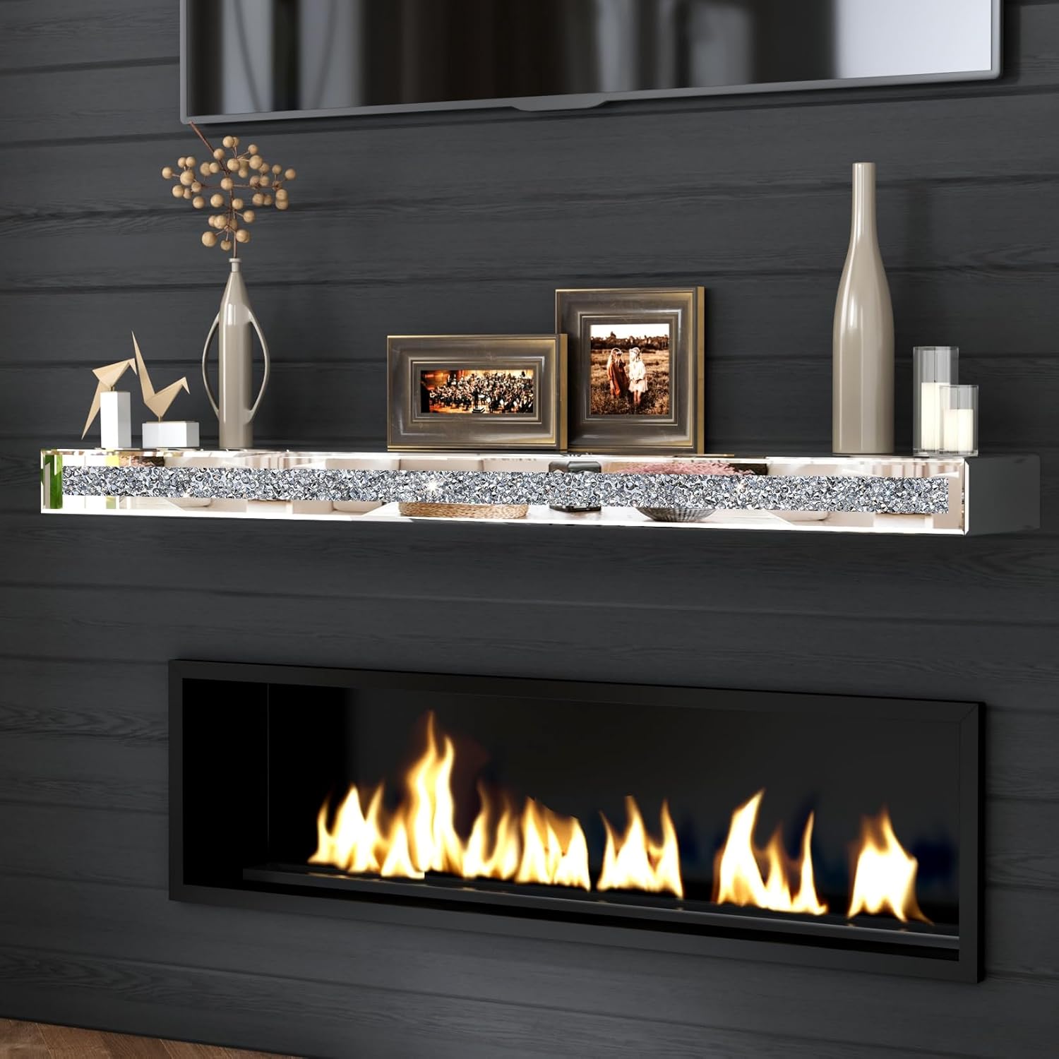 Mantel Mirrored, 48" Glass Floating Mantel Shelf