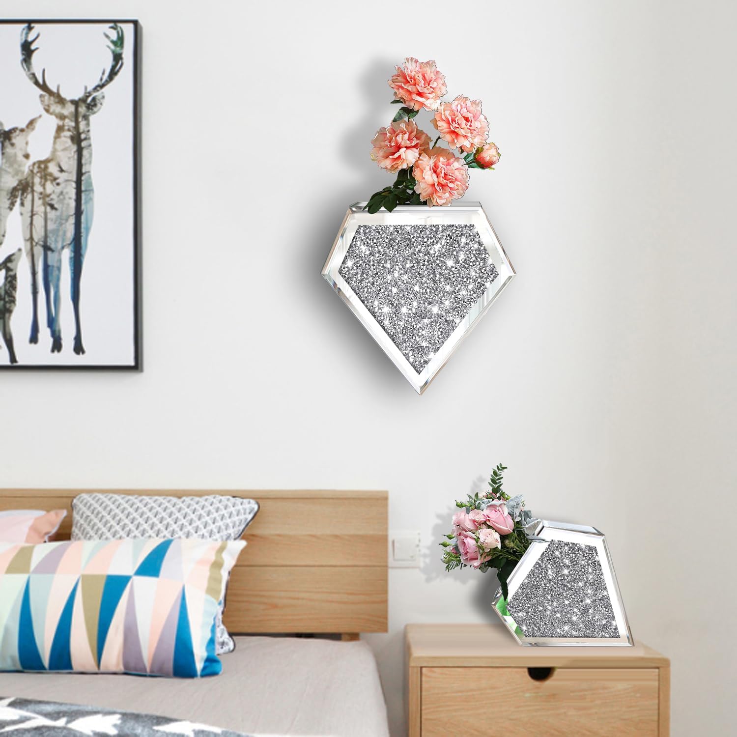 Flower Vase Crushed Diamond Mirrored Hanging Planter Set of 2