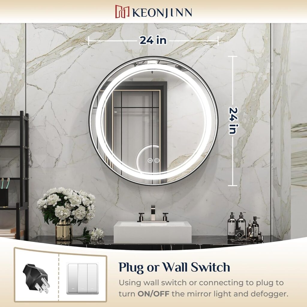 LED Black Framed Wall Round Mirror with Anti-Fog