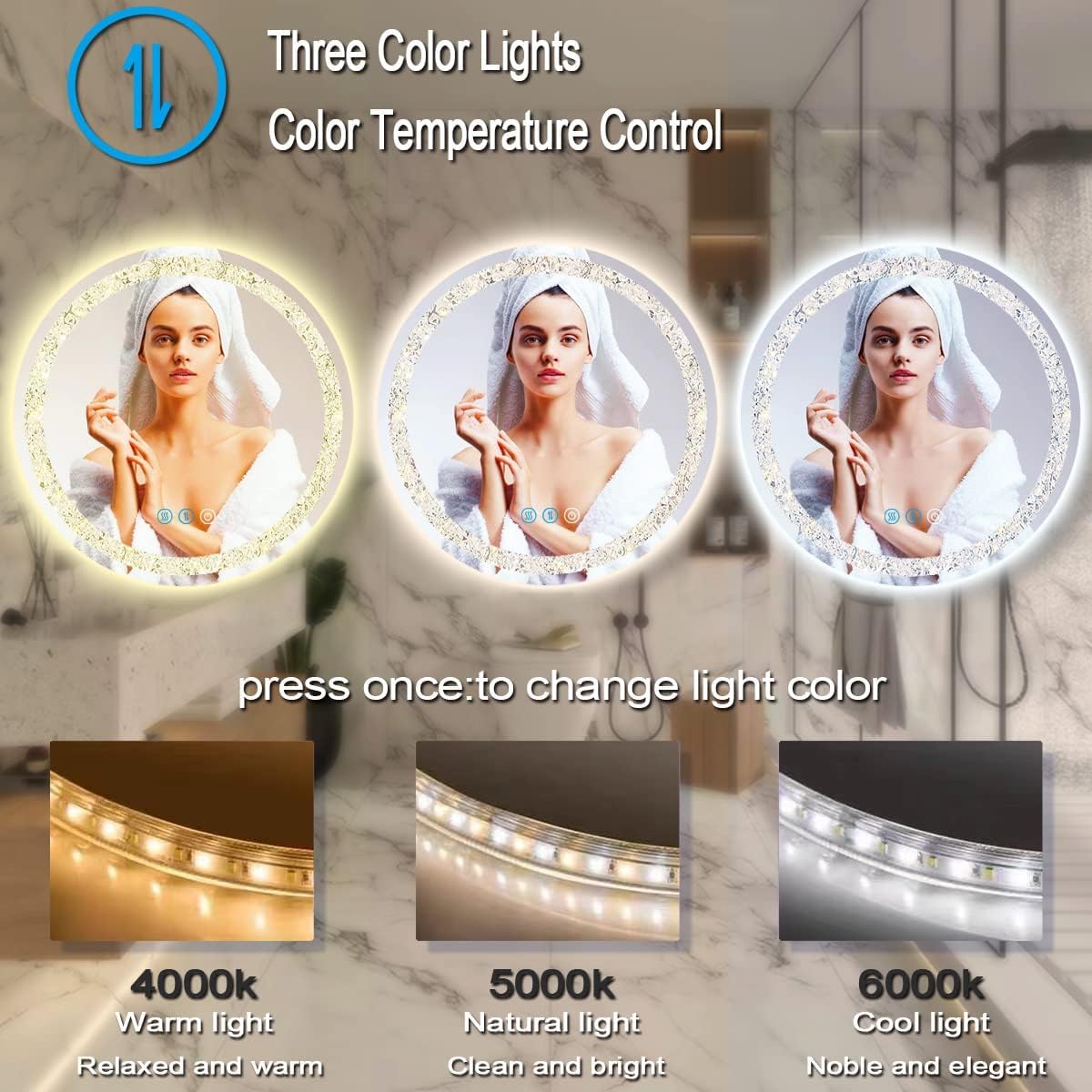 Diamond Crush Crystal Round LED Wall Mirror Frontlite