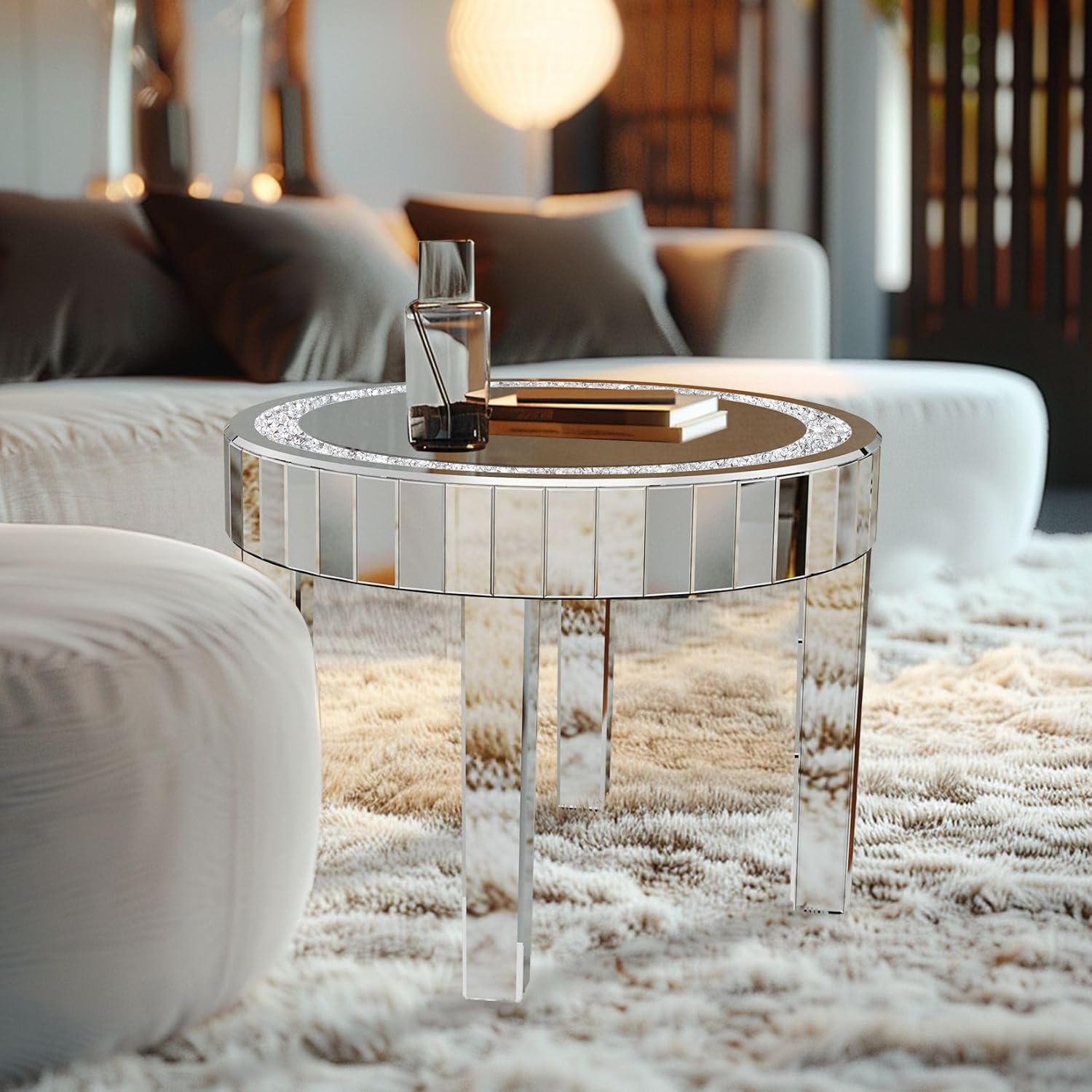 Round Mirrored Diamond Crush Coffee Table