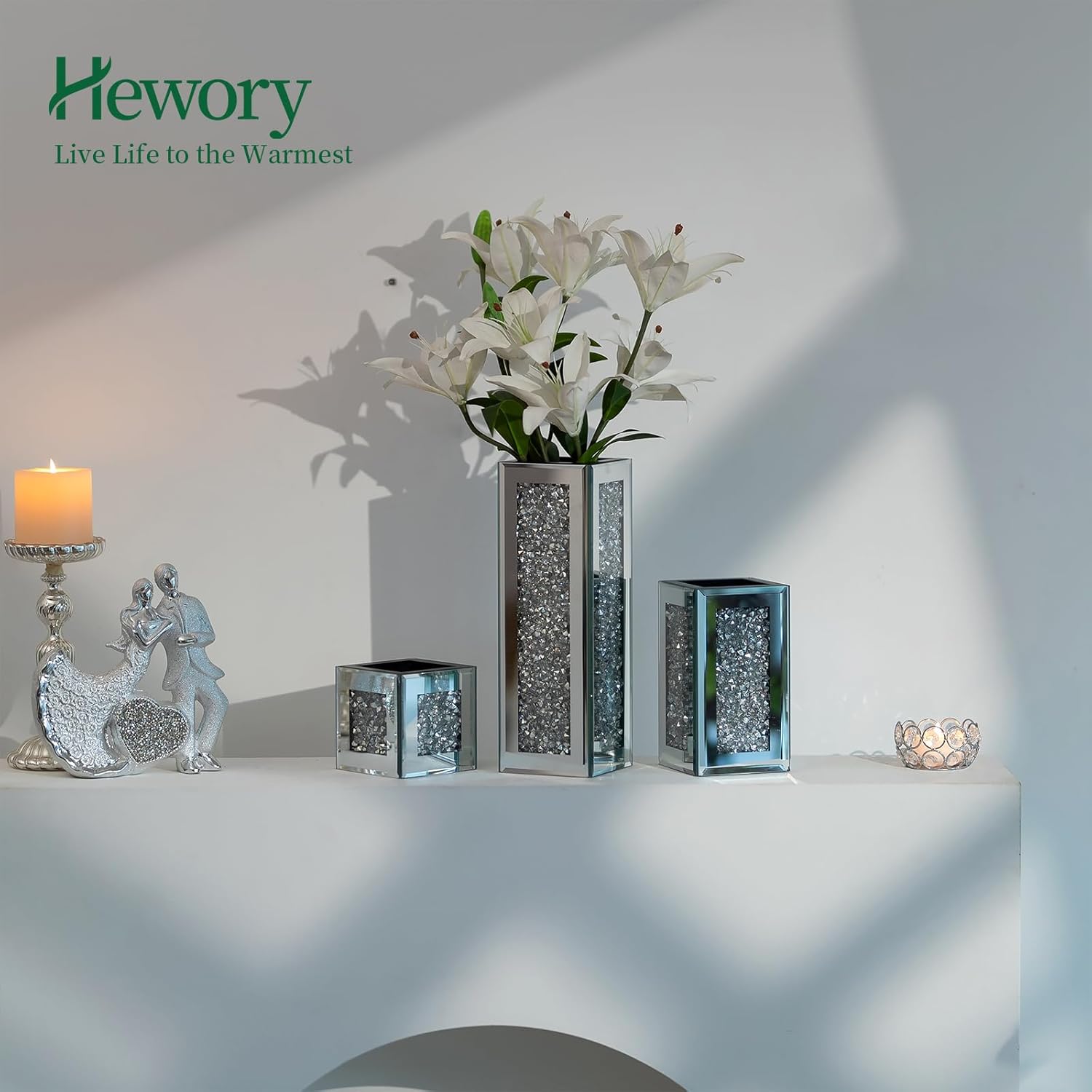 Silver Rectangle Glass Vases for Decor Set of 3