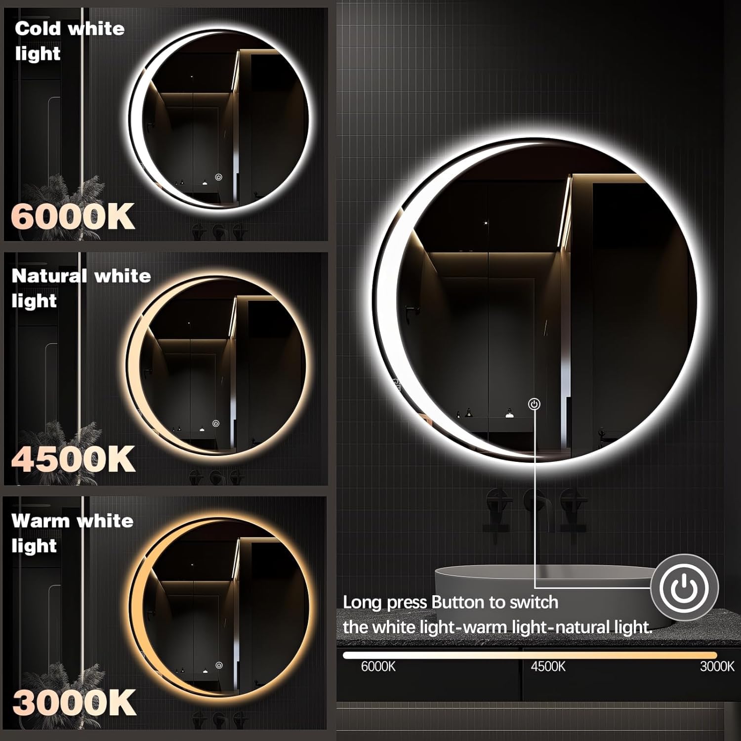 LED Round Moon Design Wall Mirror