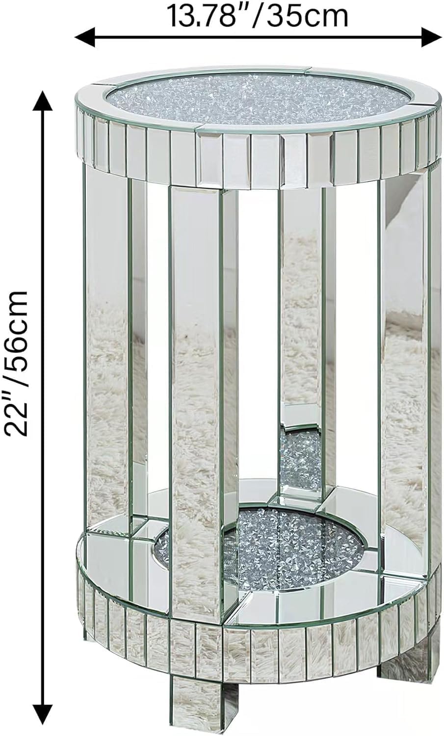 Mirrored End Table Round with Crystals Inlay, 2-Tier