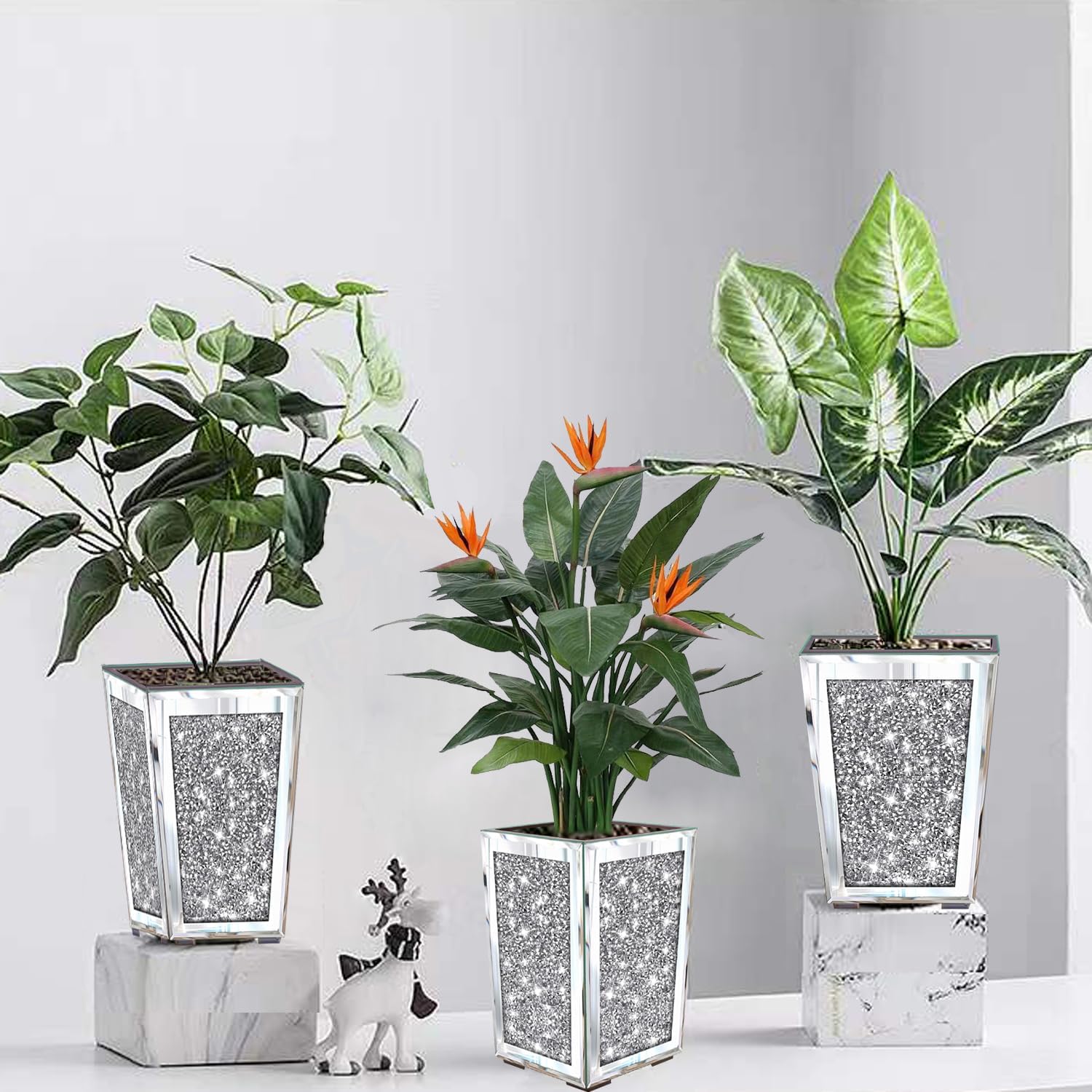 Flower Vase Crushed Diamond Mirrored Planter