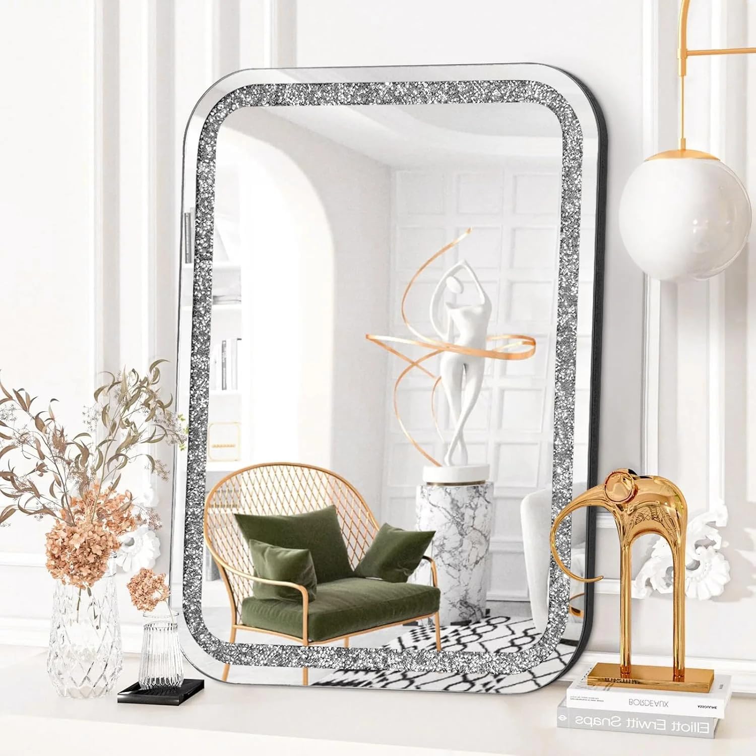 Curved Diamond Crush Crystal Rectangular Frontlite Wall Mirror