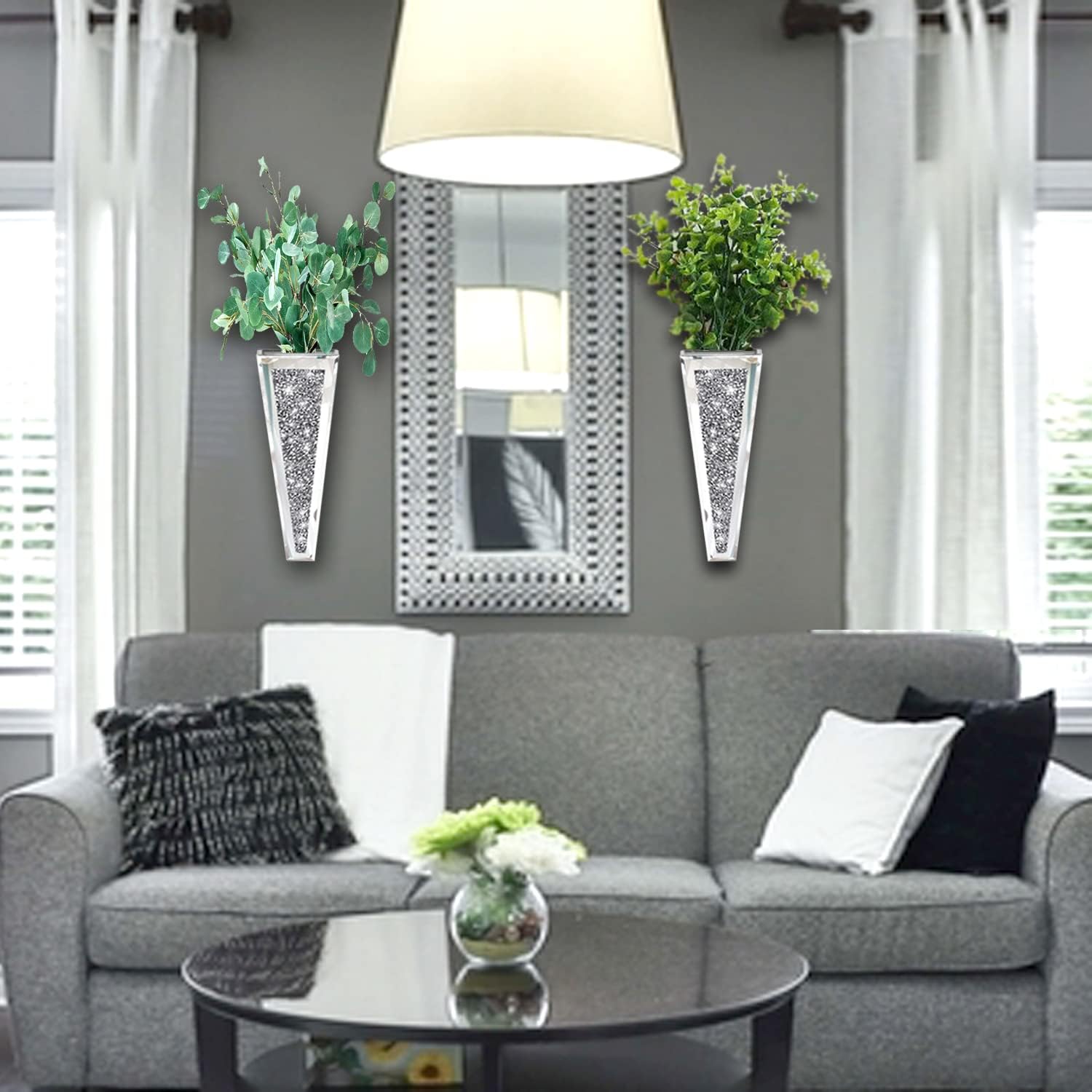 Flower Vase Crushed Diamond Mirrored Hanging Planter Set of 2