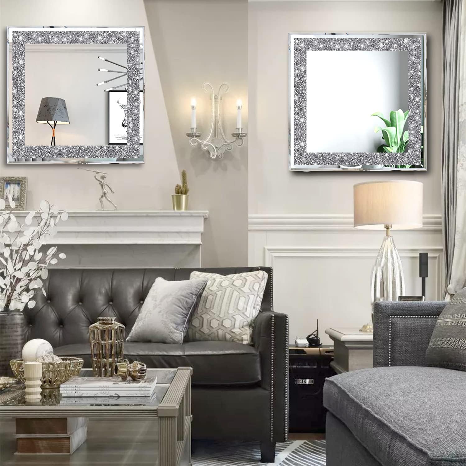 2 Piece Wall Mirrors, Crush Diamond Wall Décor 12x12 inch