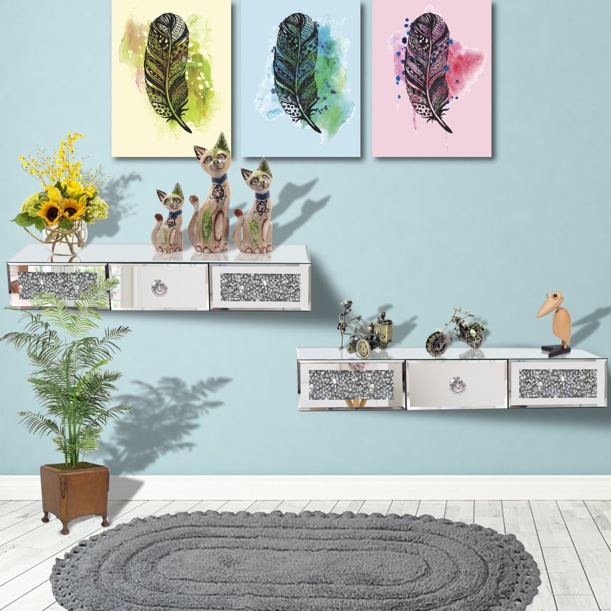 Mirrored Floating Shelves Wall Mounted with drawer