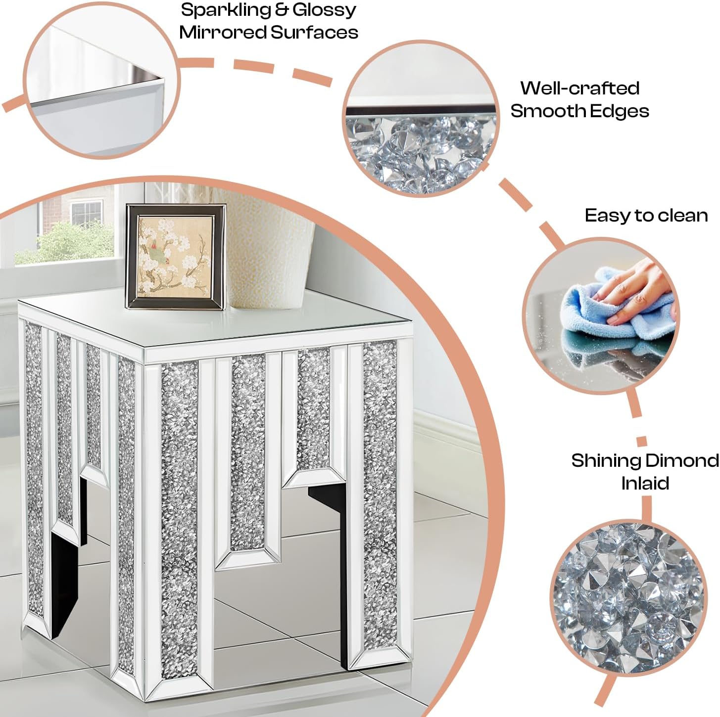 Mirrored Accent End Table, Crushed Diamond