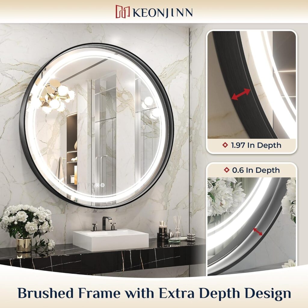 LED Black Framed Wall Round Mirror with Anti-Fog