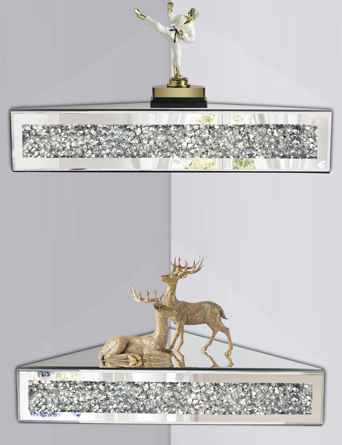 Diamond Crush Mirrored Floating Corner Shelf (Set of 2)