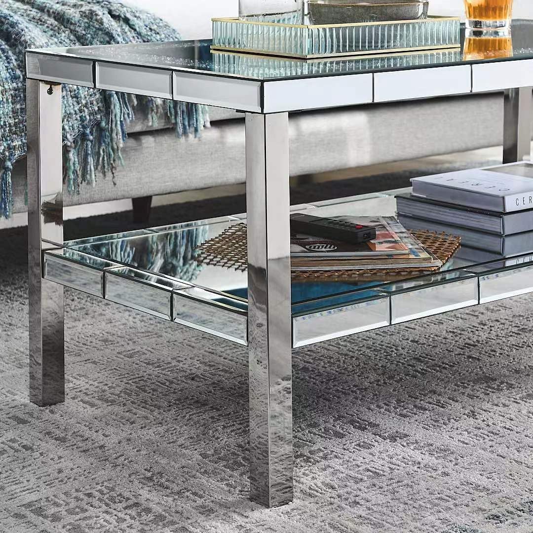 Silver Mirrored Coffee Table, 39" Rectangle Modern