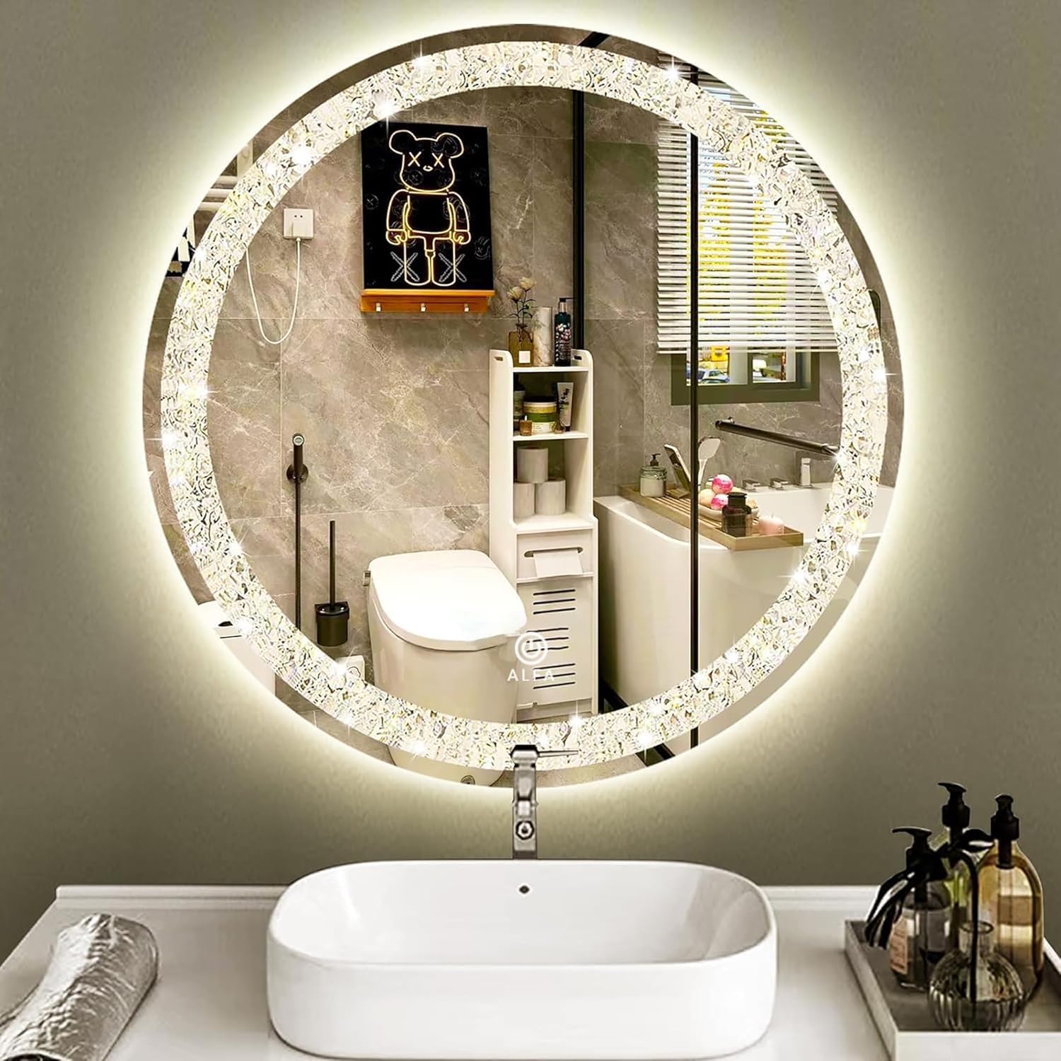 Diamond Crush Crystal Round LED Wall Mirror Frontlite