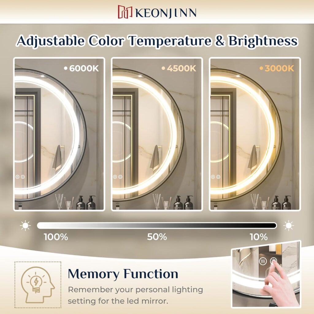 LED Black Framed Wall Round Mirror with Anti-Fog