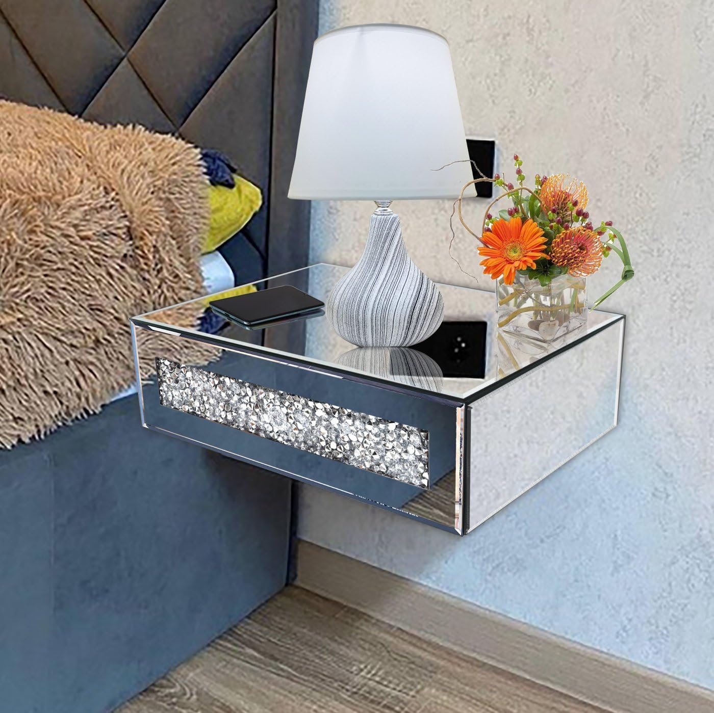 Mirrored Floating Bedside Nightstand with Drawer