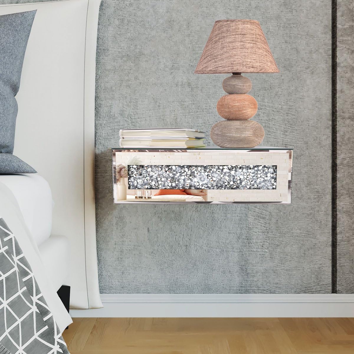 Mirrored Floating Bedside Nightstand with Drawer