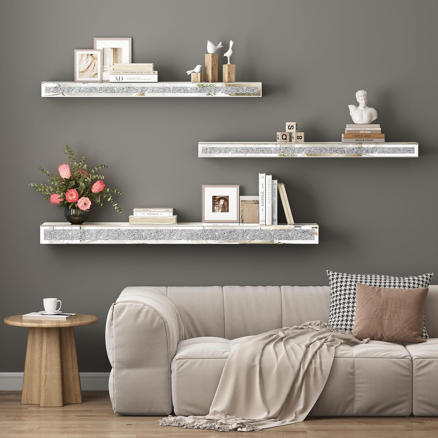 Mantel Mirrored, 48" Glass Floating Mantel Shelf