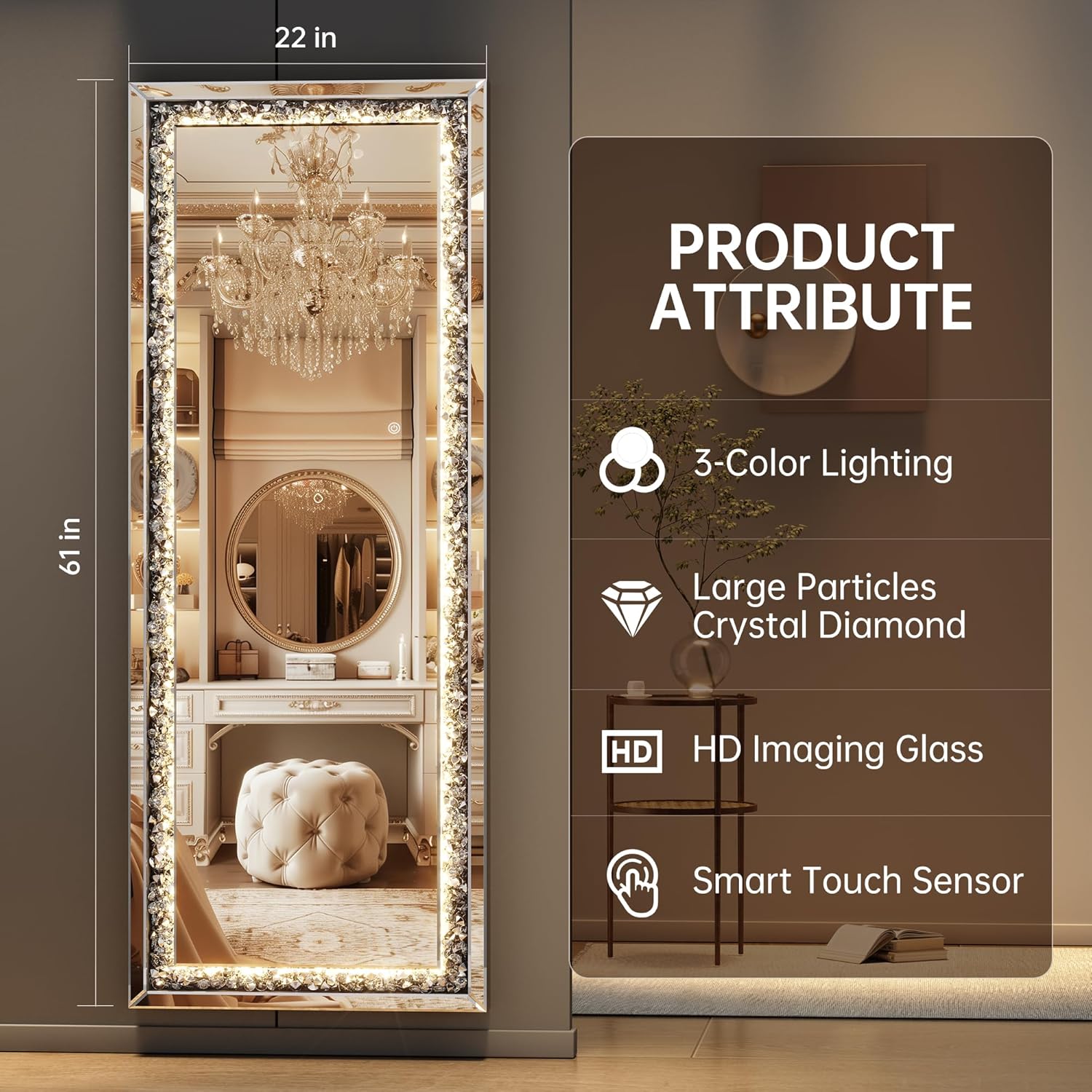 LED Full-Length Mirror Crystal Crush Diamond