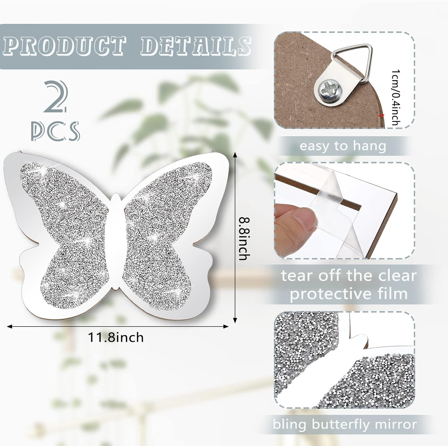 2 Pieces Butterfly Shaped Mirror Crystal Decor(11.8 x 8.8 Inch)