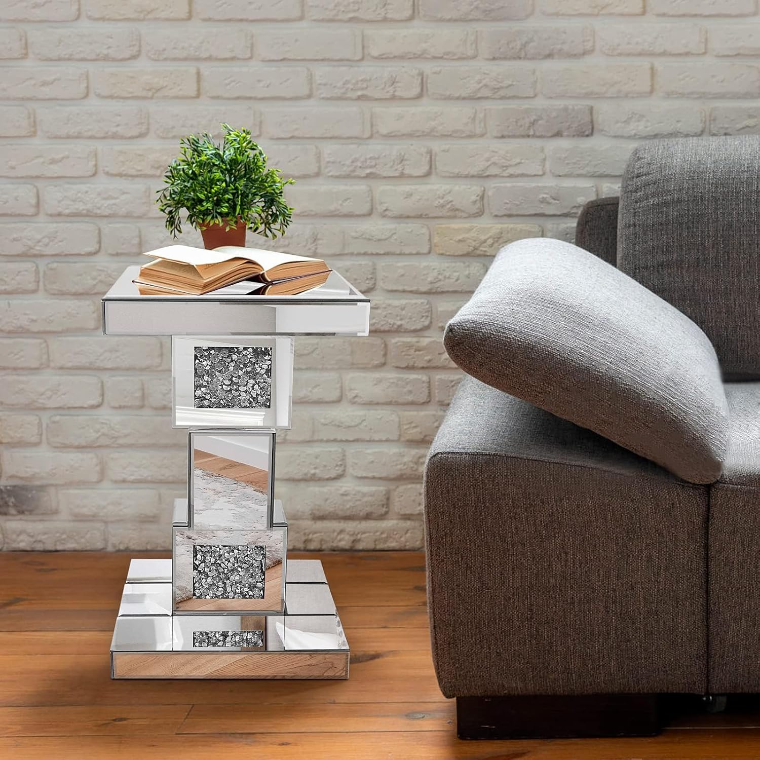 Silver Mirrored End Table With Crystal Inlay
