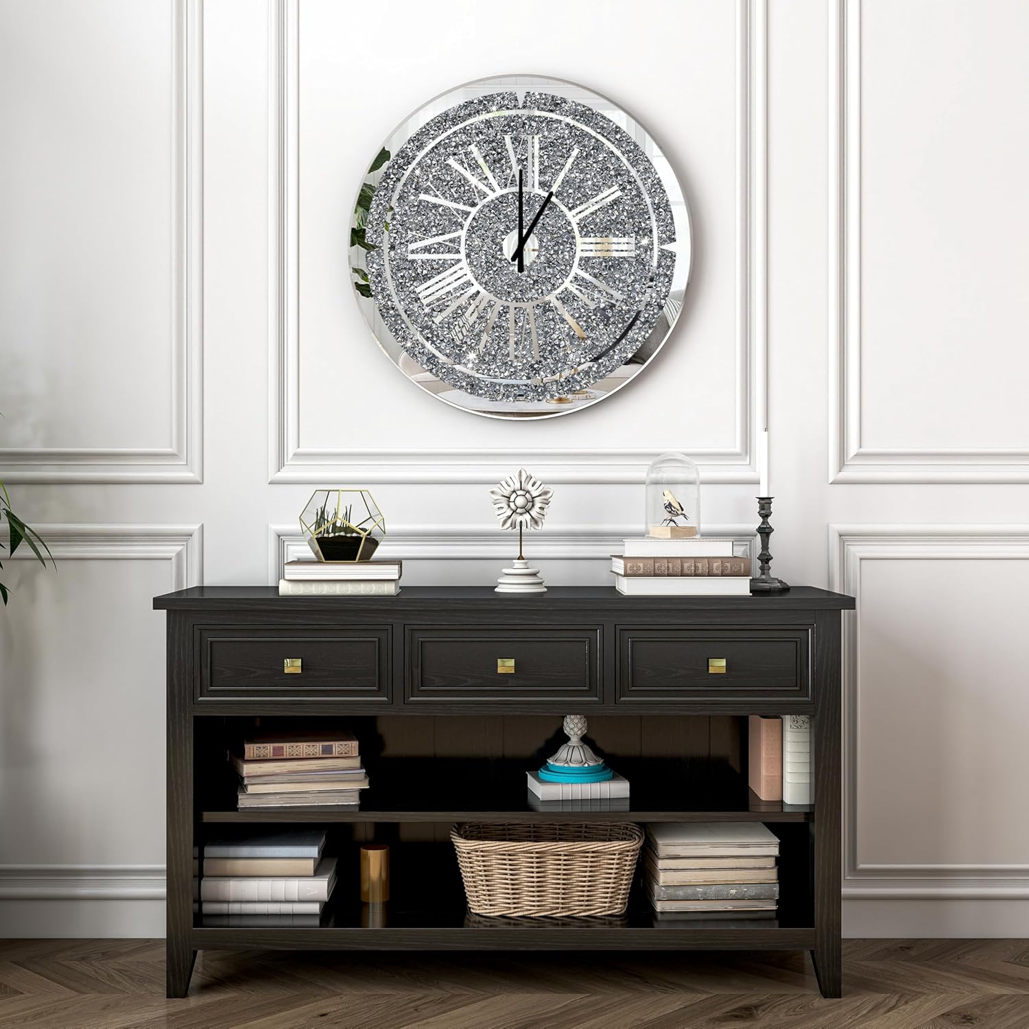 Round Crushed Diamond Mirrored Wall Clock 24inch