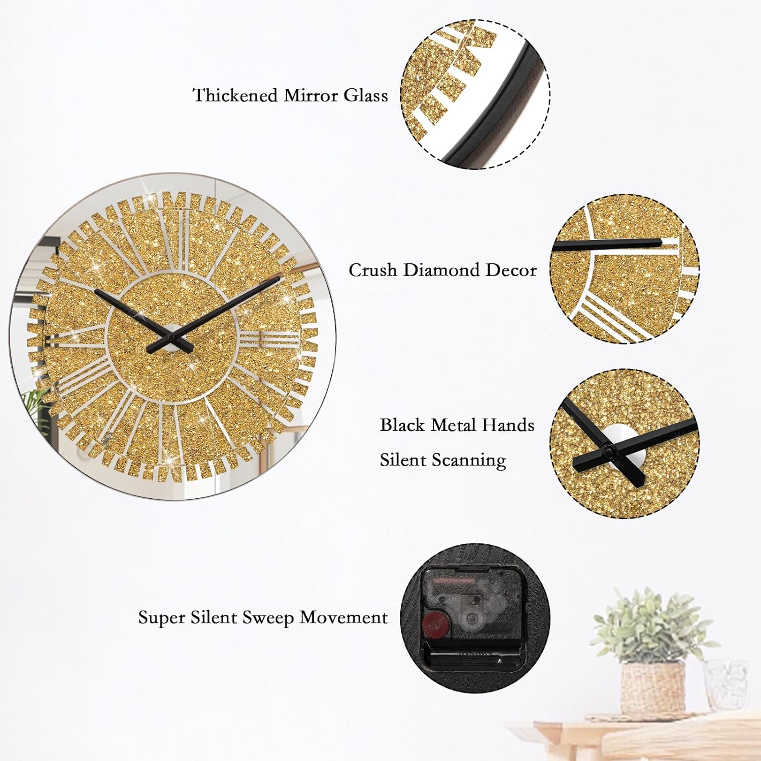 Gold Round Diamond Mirrored Wall Clock 24inch