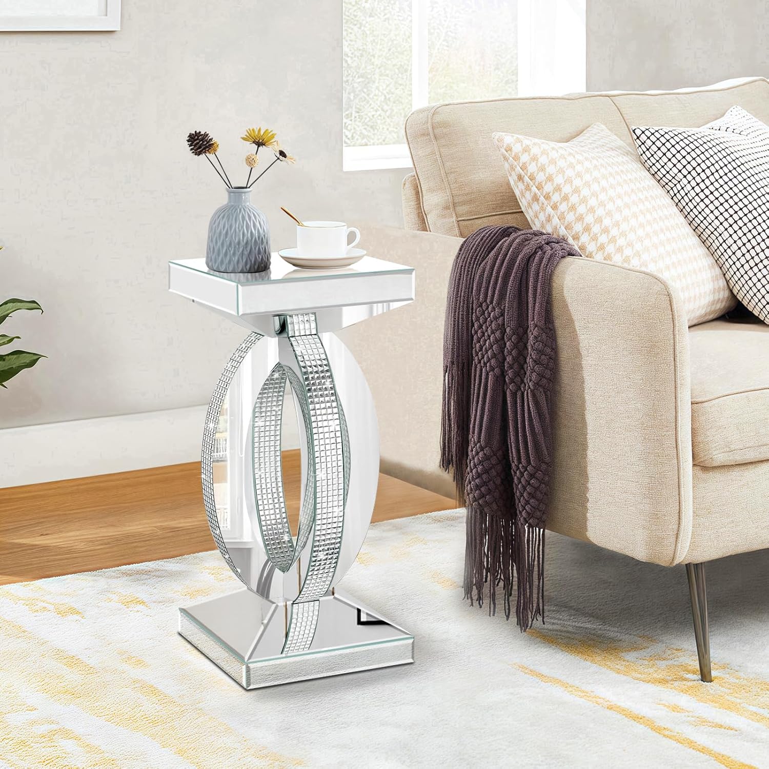 Silver Mirrored End Table with Crystal Inlay