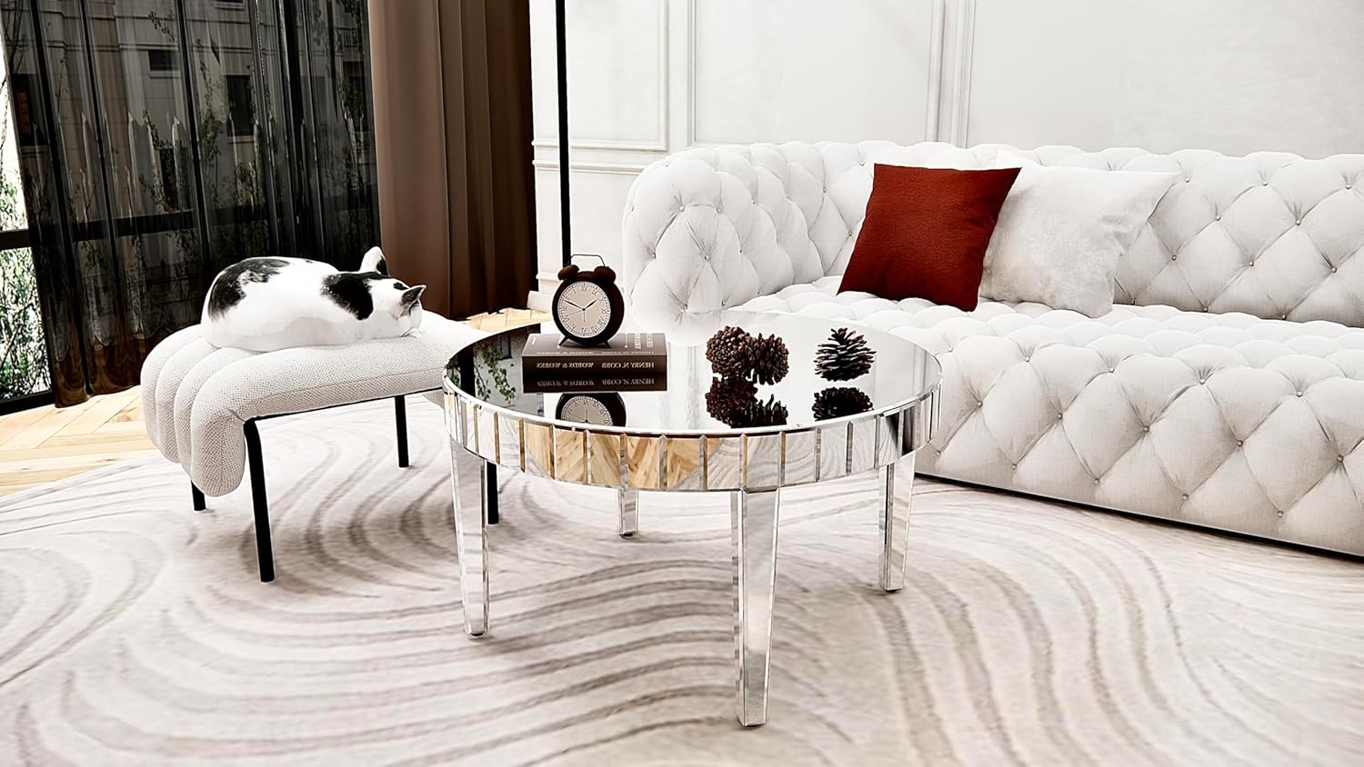 Silver Mirrored Coffee Table, 31.5" Round