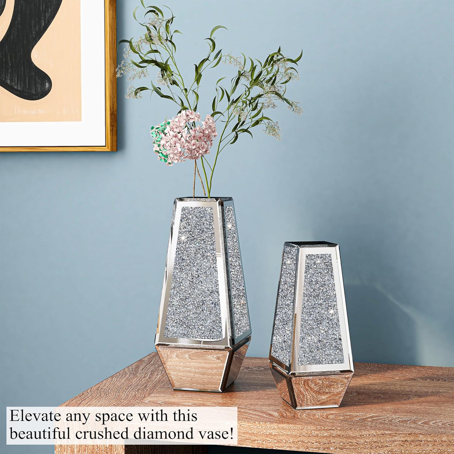 Flower Vase Crushed Diamond Mirrored For Table Planter Set of 2