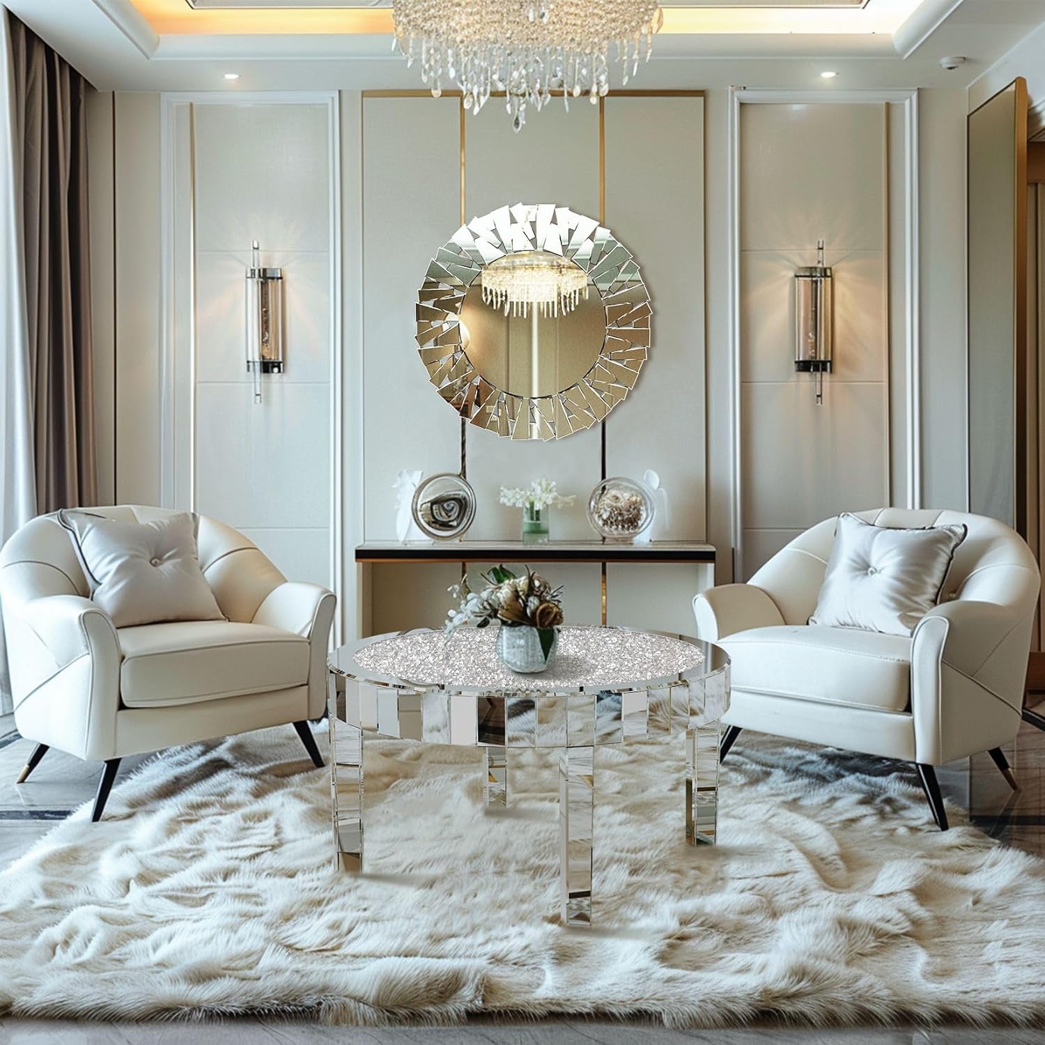 Round Mirrored Diamond Crush Coffee Table