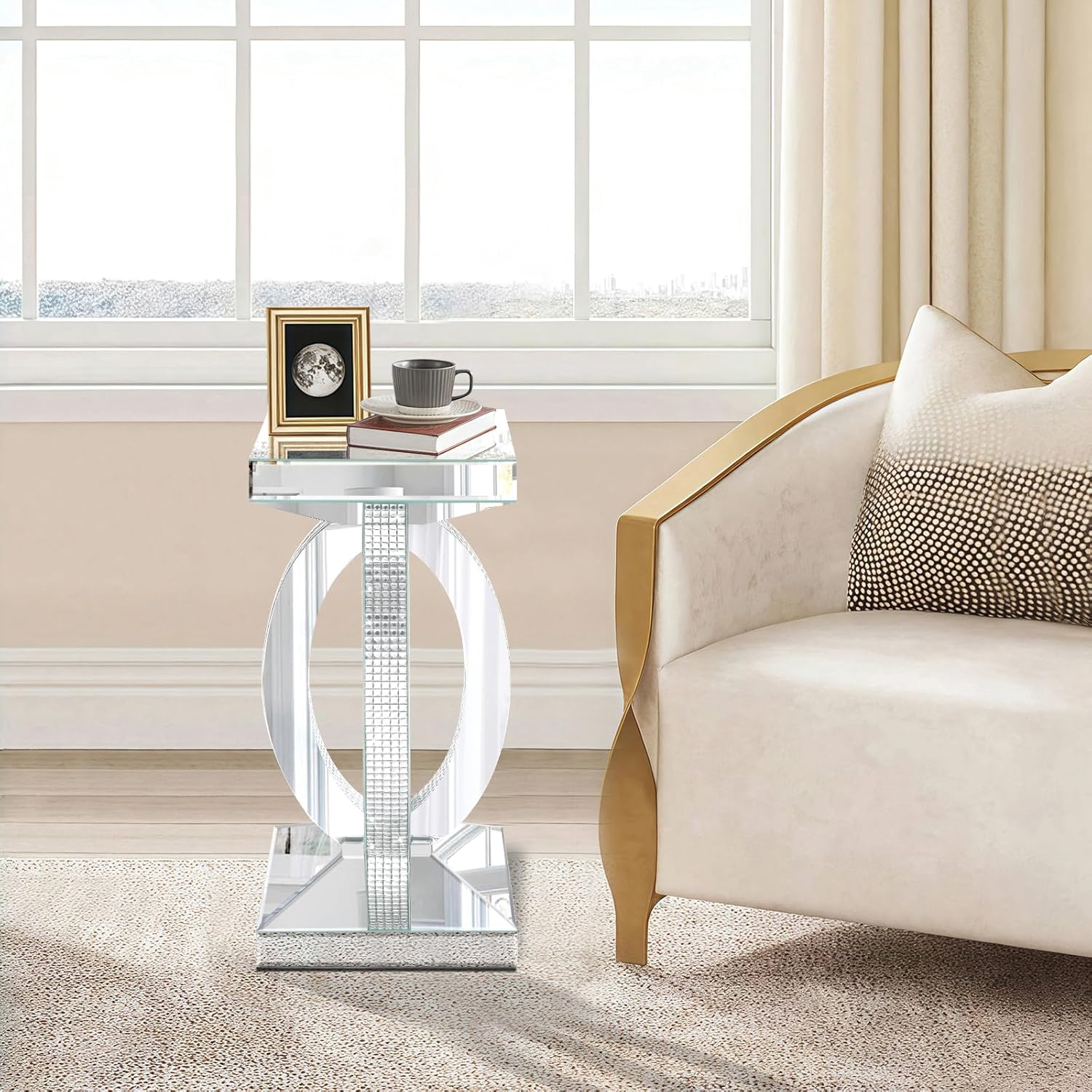 Silver Mirrored End Table with Crystal Inlay