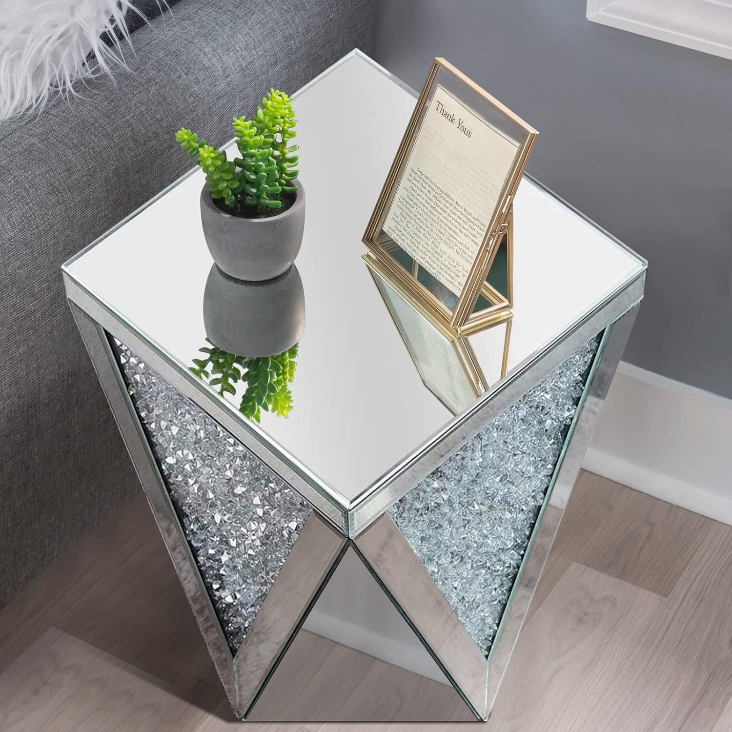 Pregaspor Silver Mirrored End Table, Crystal Inlay Side Table