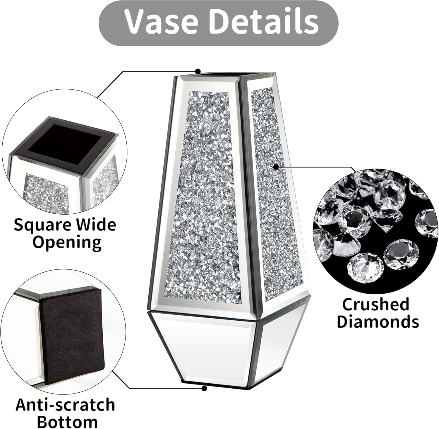 Flower Vase Crushed Diamond Mirrored For Table Planter Set of 2