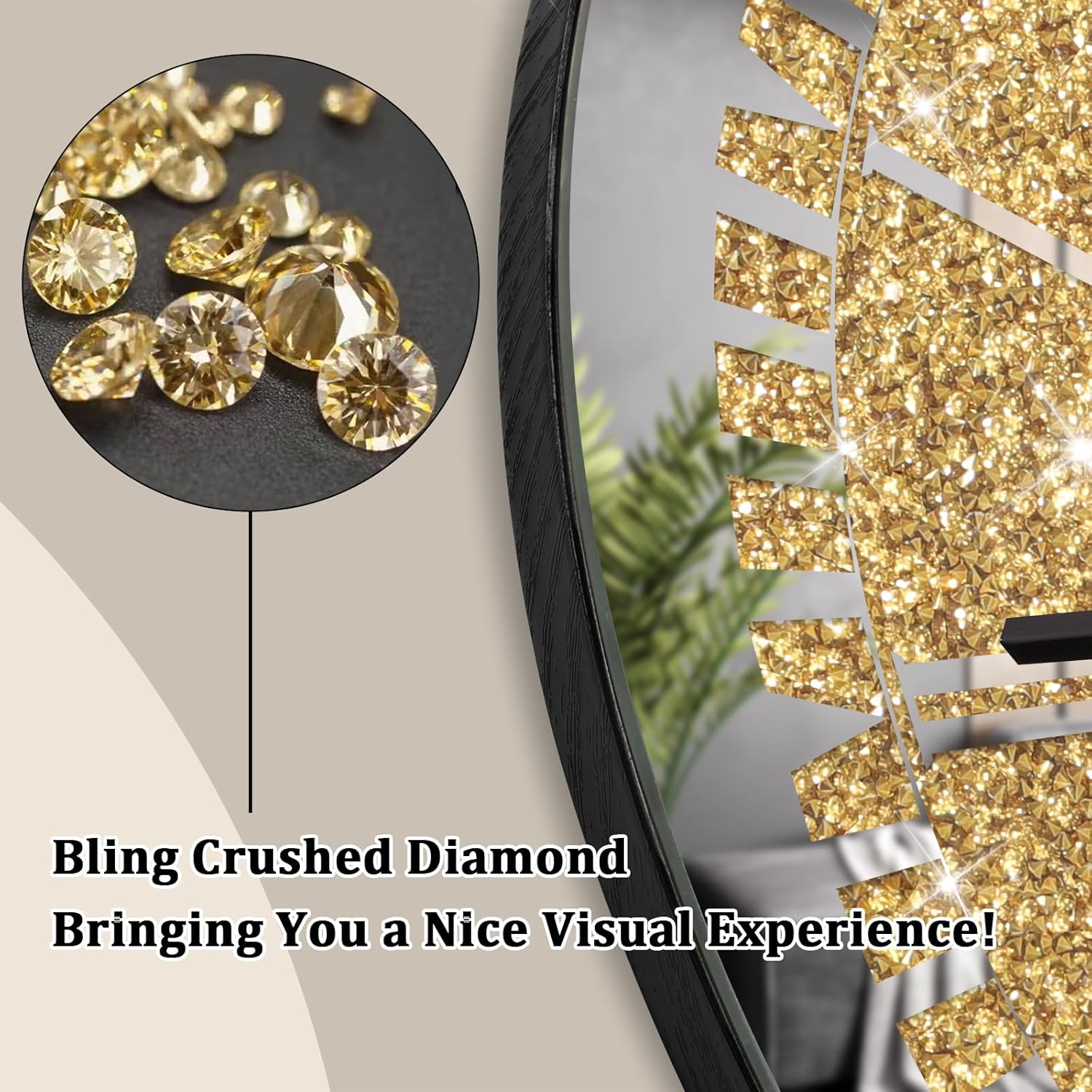 Gold Round Diamond Mirrored Wall Clock 24inch