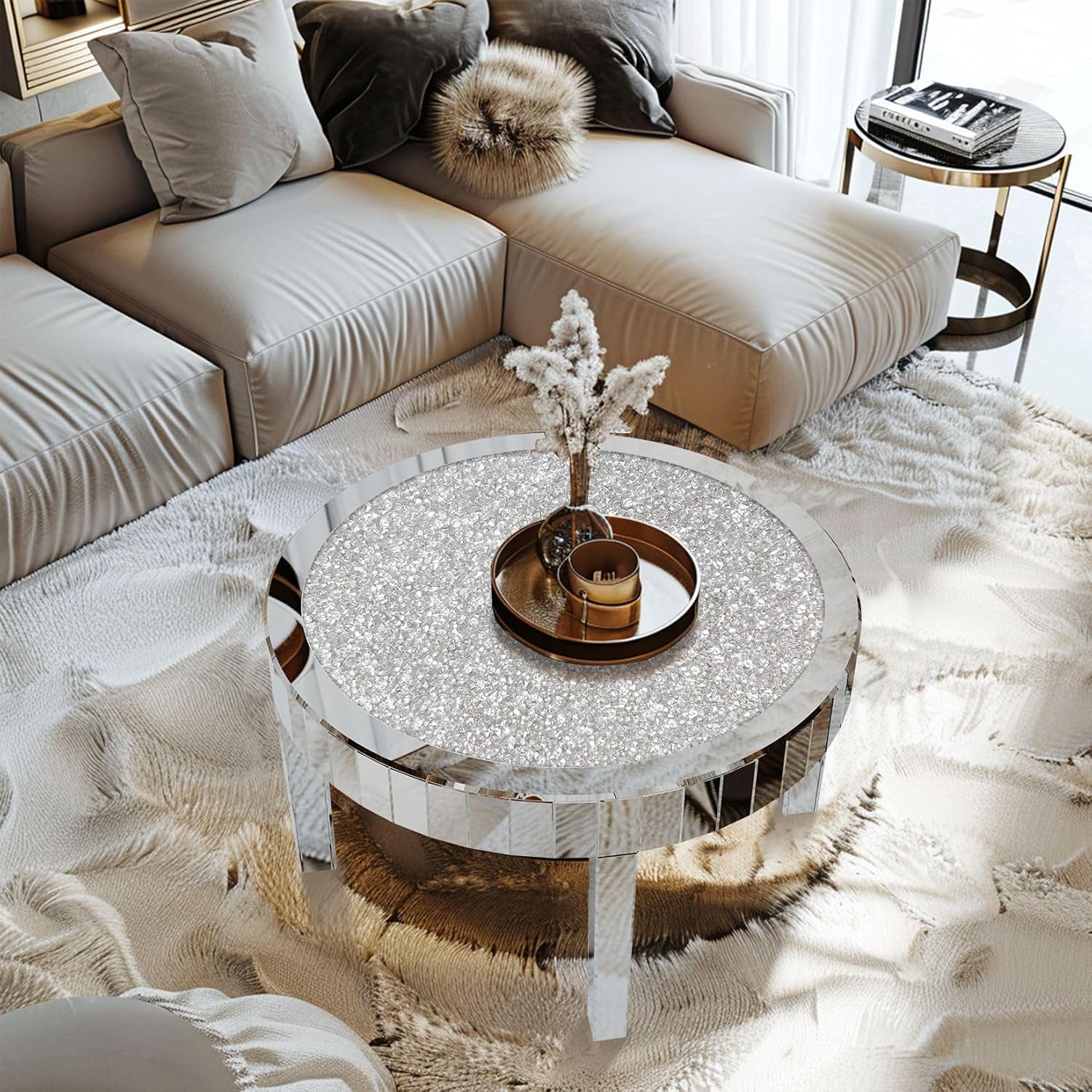 Round Mirrored Diamond Crush Coffee Table