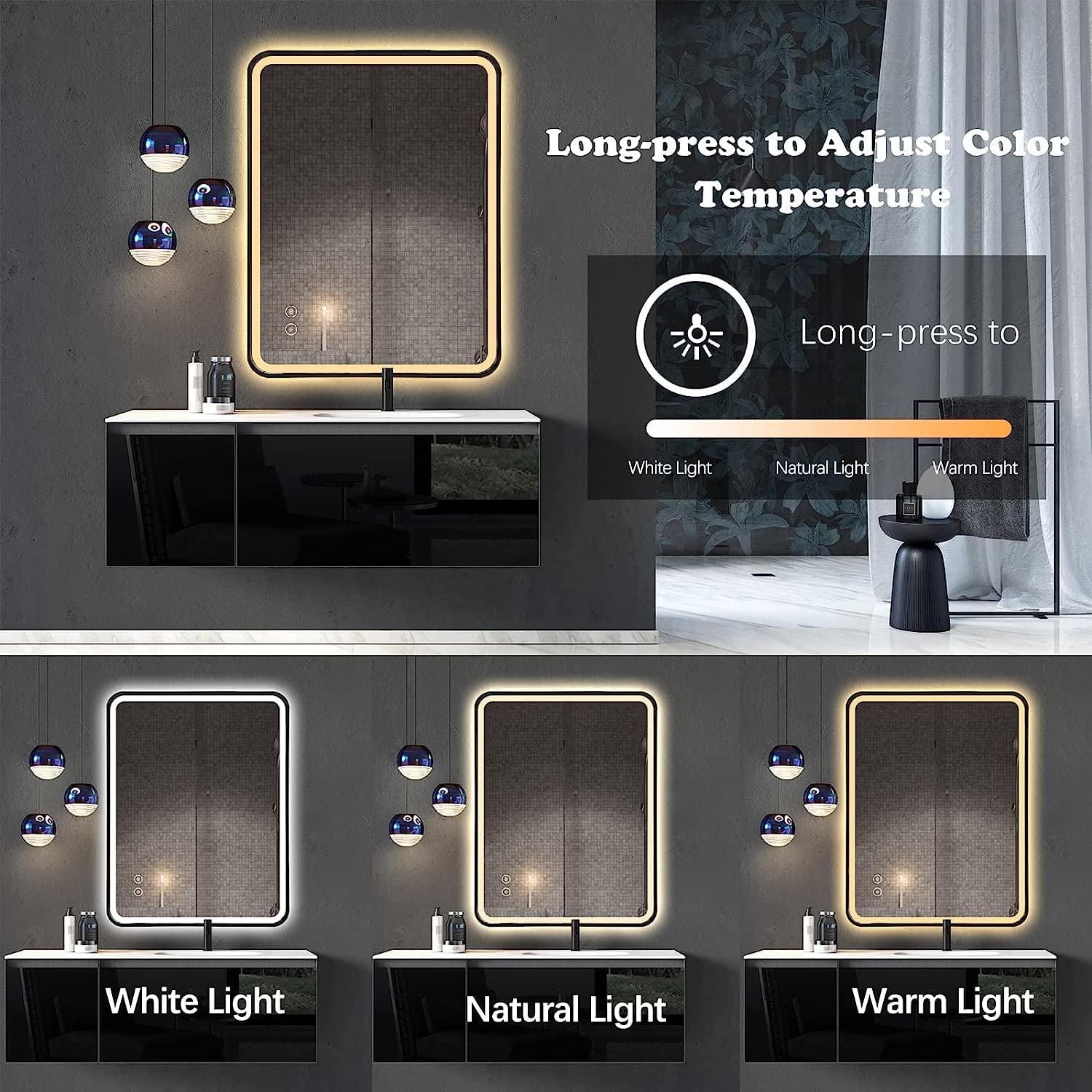 LED Black Framed Wall Rectangular Mirror