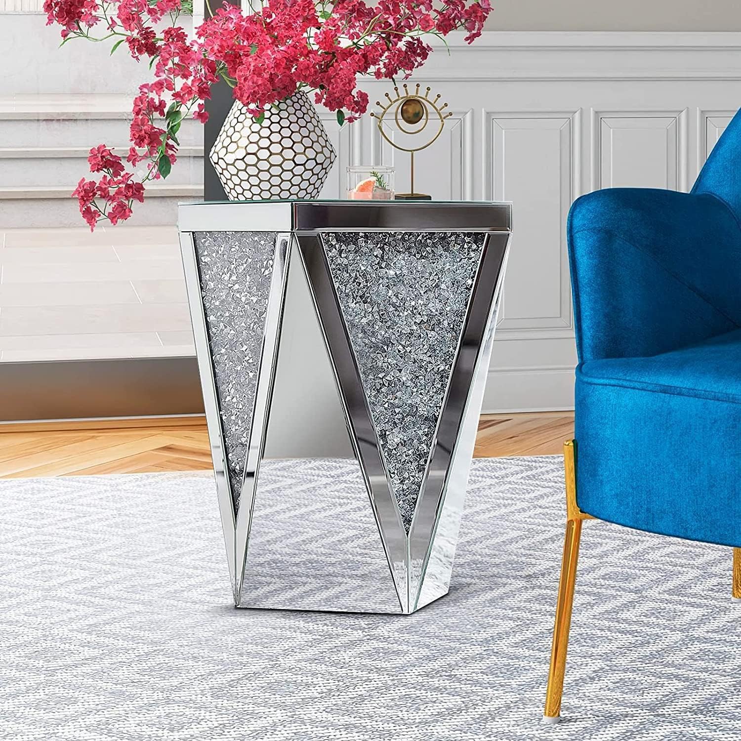 Pregaspor Silver Mirrored End Table, Crystal Inlay Side Table