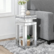Silver Mirrored End Table, Modern Crushed Diamond