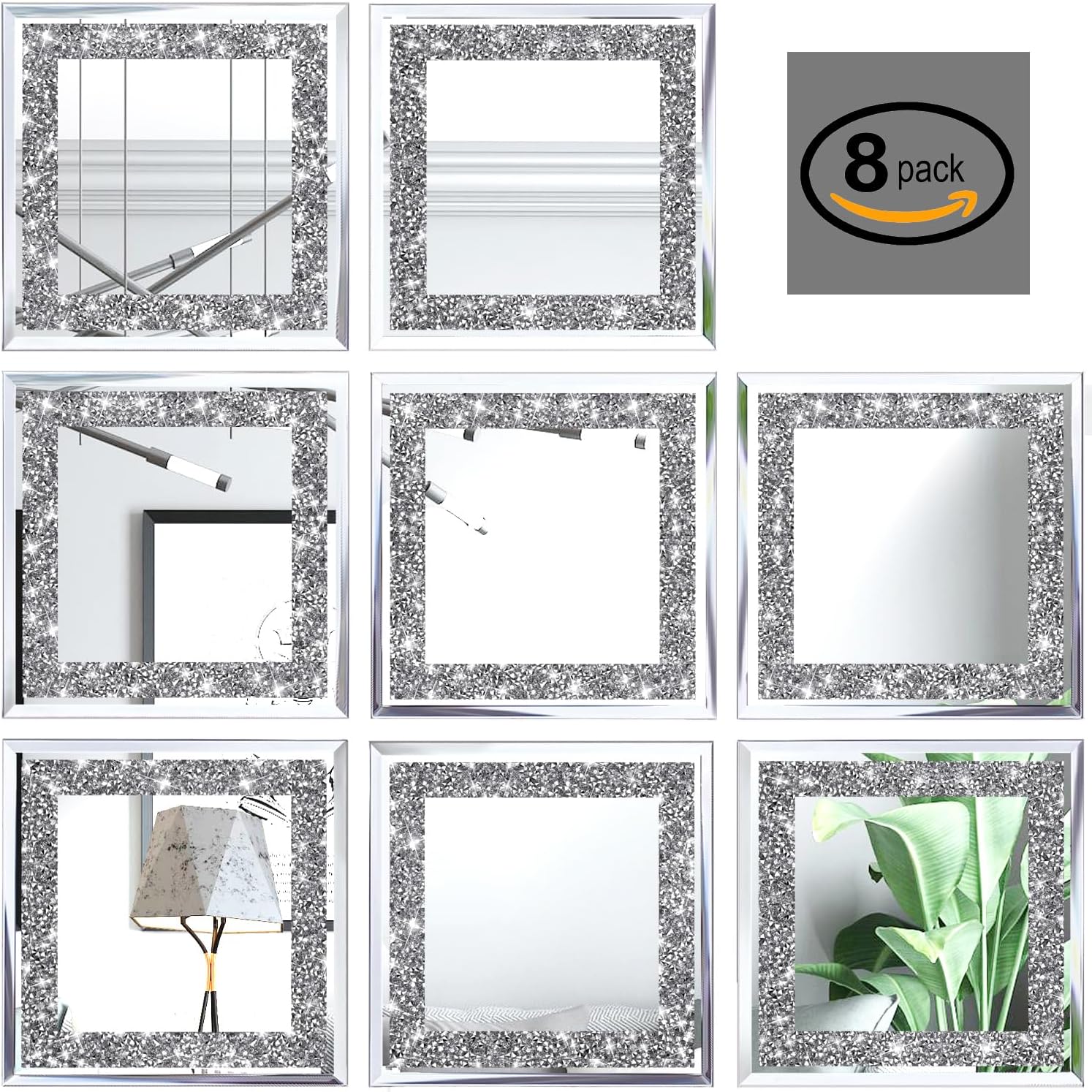 8 Pack Square Silver Diamond Glass Mirrors 6inch