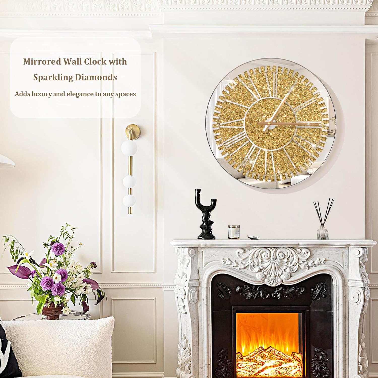 Gold Round Diamond Mirrored Wall Clock 24inch