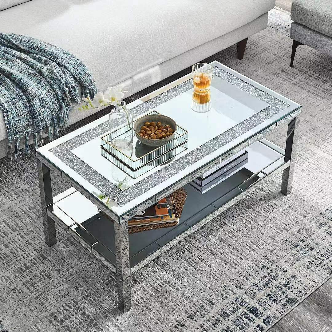 Silver Mirrored Coffee Table, 39" Rectangle Modern