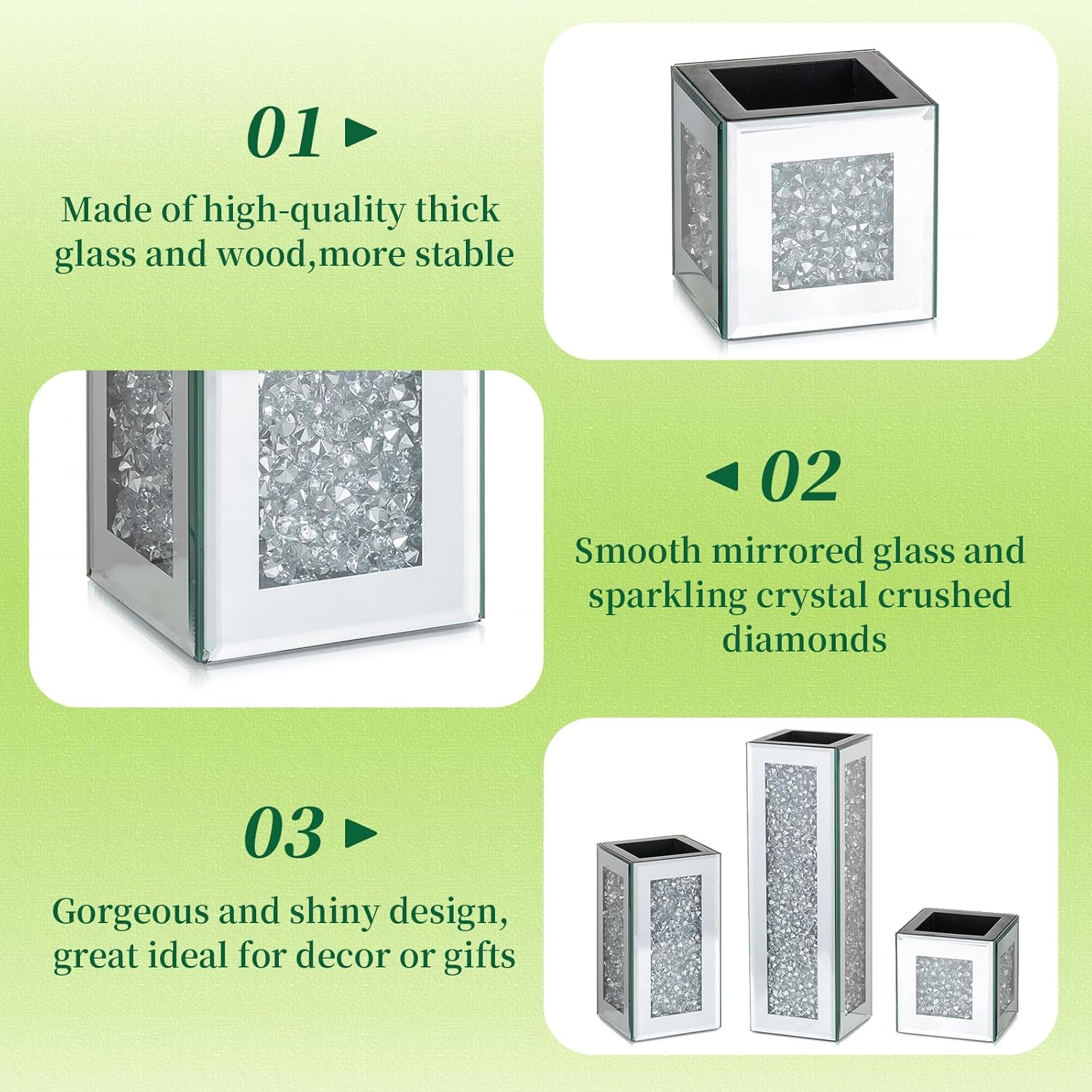 Silver Rectangle Glass Vases for Decor Set of 3